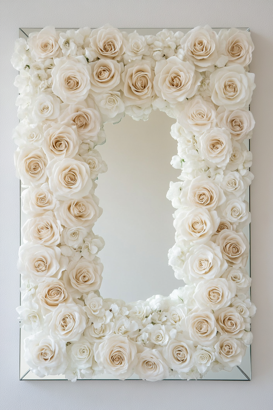 Wedding Welcome Mirror. Acrylic floating ivory rose frame.