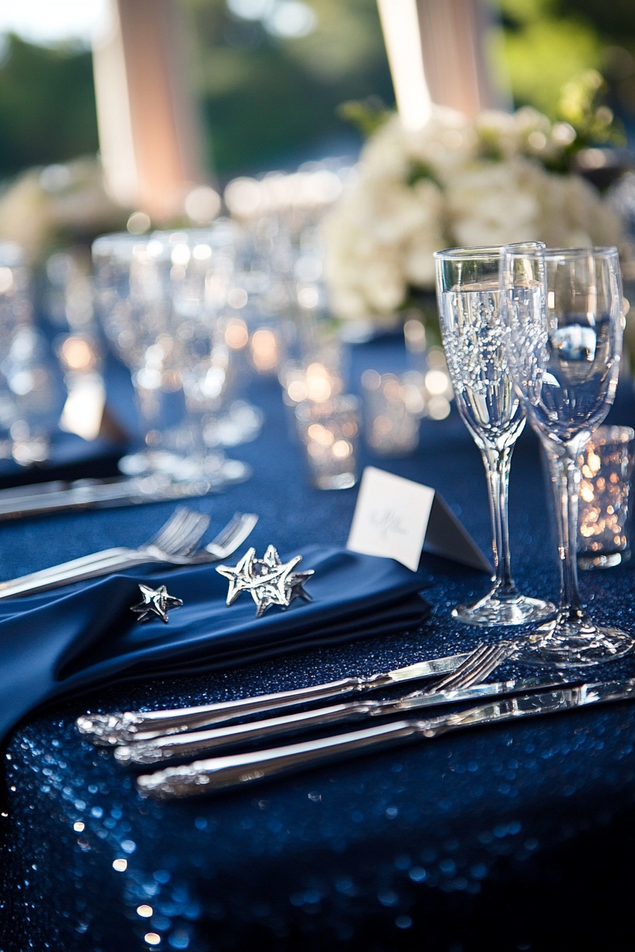 Wedding table. Silver cutlery, midnight blue tablecloth, star accents.