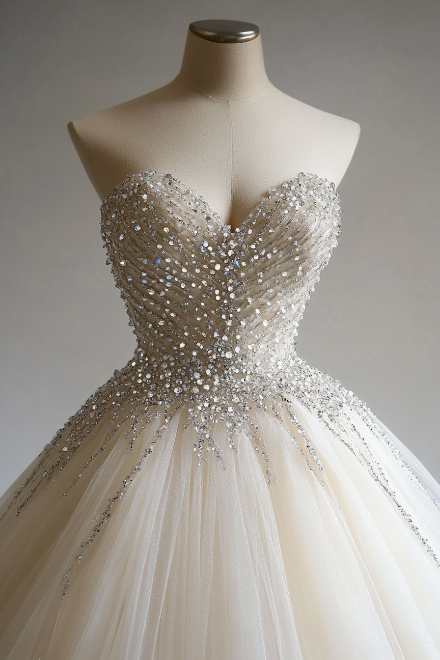 Wedding ballgown. Glittering tulle, draped crystals, sweetheart neckline.