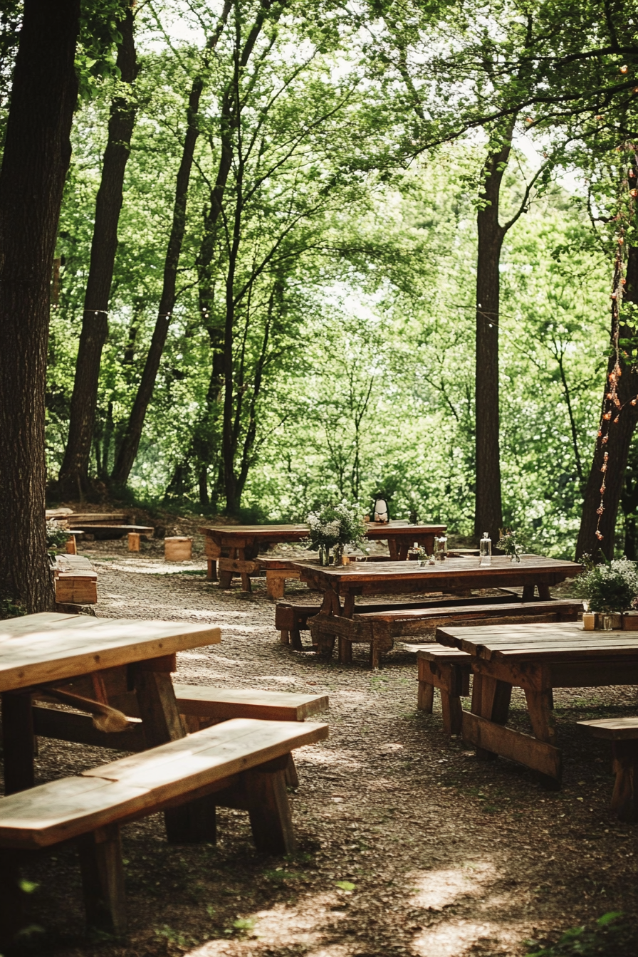 Small wedding venue concept. Forest clearing with rustic wooden tables.