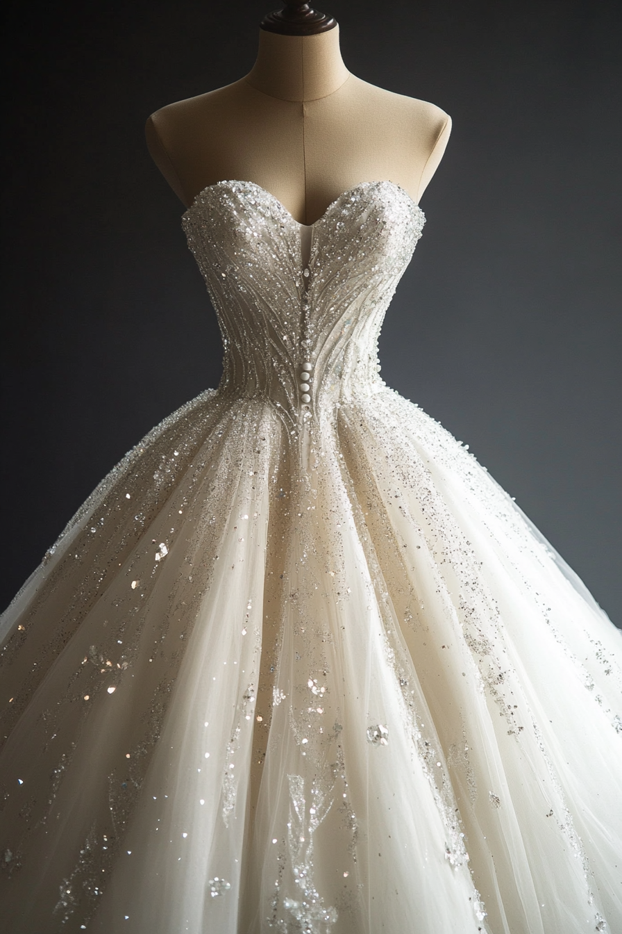 Wedding Ballgown. Glittering tulle with a drop-waist design and crystal-draped bodice.