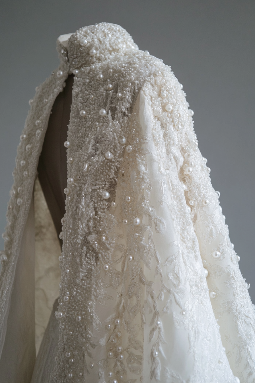 Wedding cape. Shimmering white fabric detailed with pearl-encrusted ice crystals.