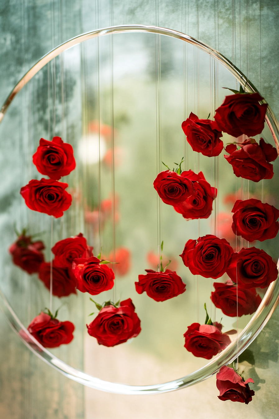 Wedding welcome mirror. Acrylic, suspended red roses in circular frame.