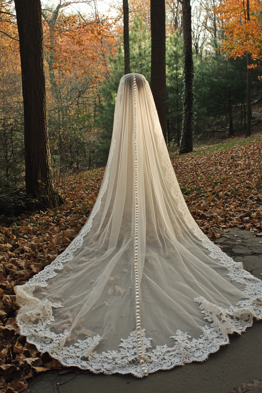 Cathedral length wedding veil. Ivory with pearl-dotted lace edges.