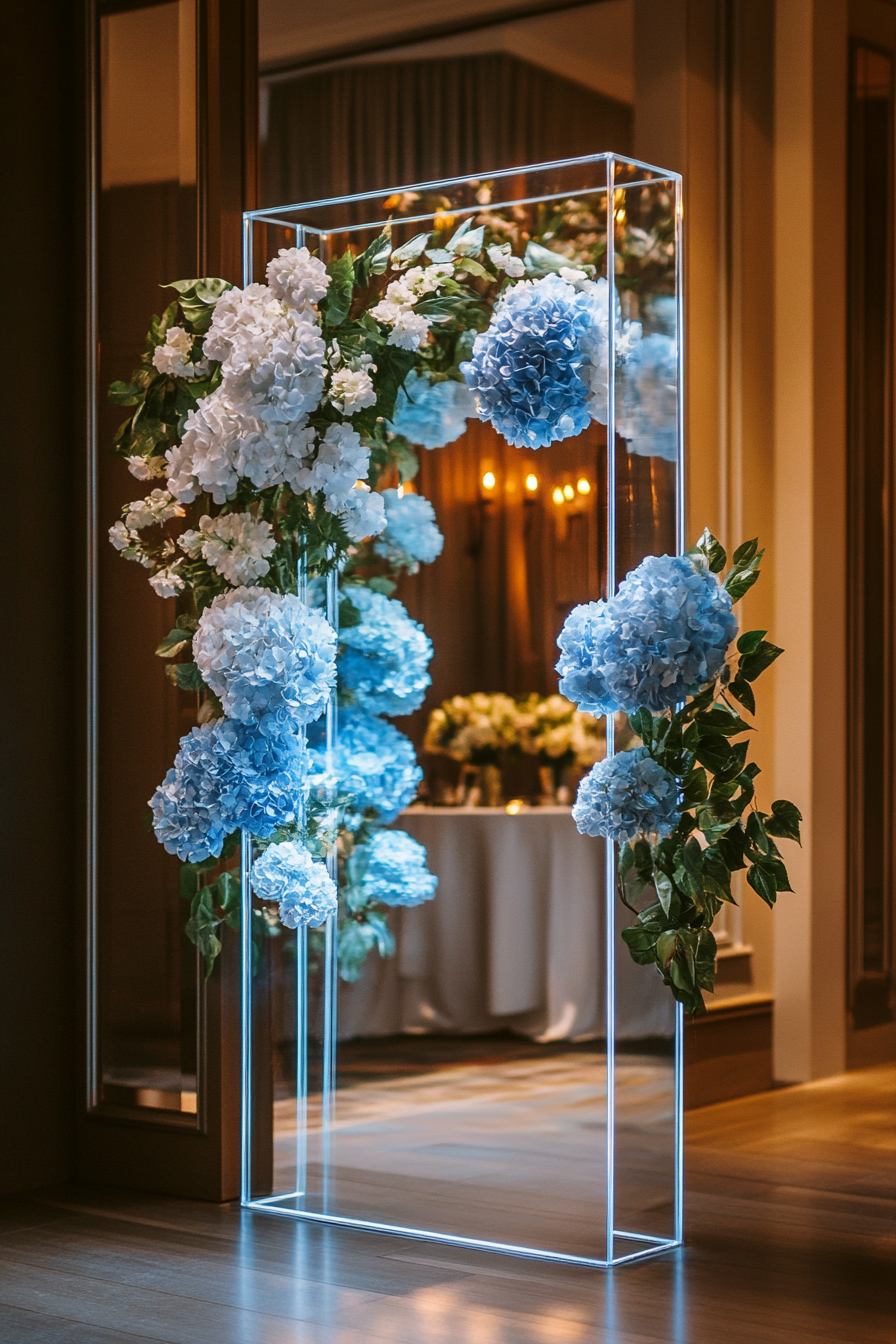 Wedding Welcome Mirror. Acrylic, adorned with floating hydrangeas.