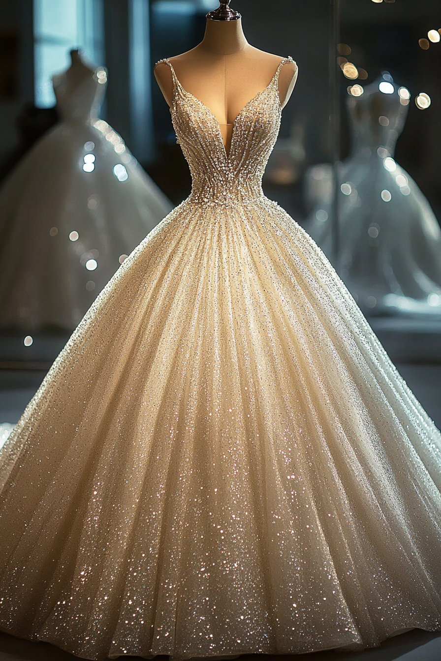 Wedding ballgown. Glittering tulle material with crystal-draped bodice.