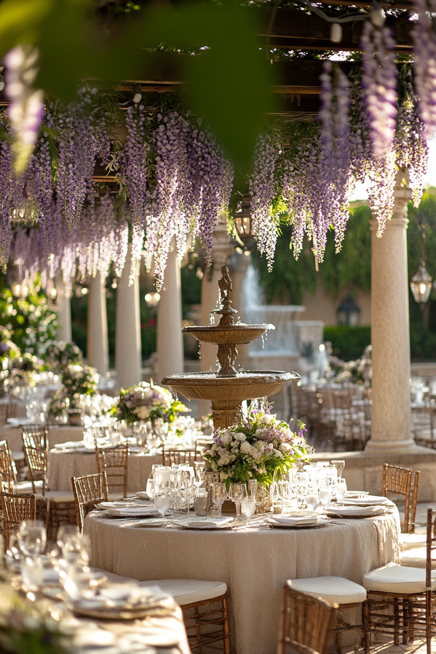 Wedding reception layout. Pergola with wisteria, outdoor fountain backdrop.