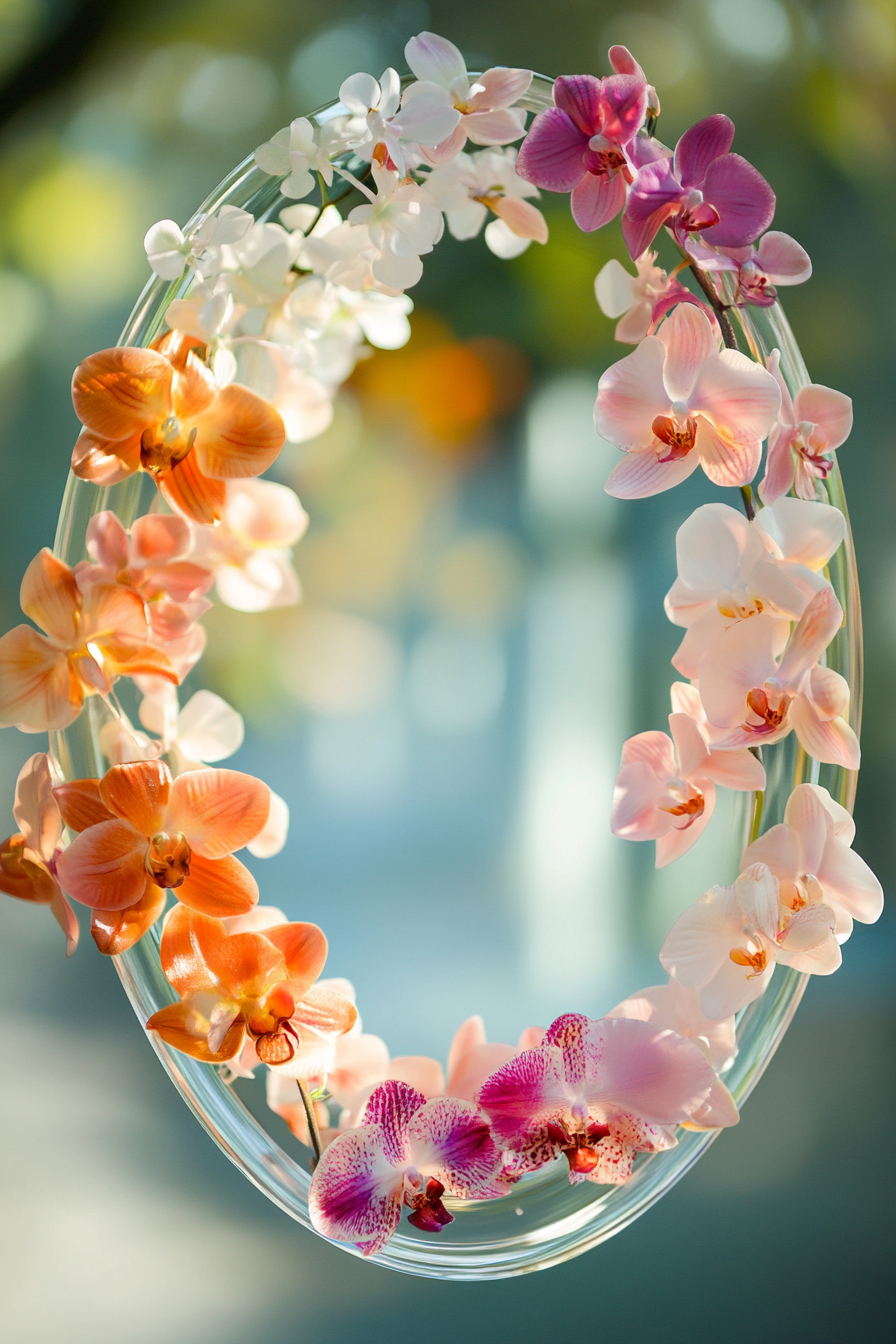 Wedding welcome mirror. Acrylic, oval-shaped, rimmed with floating orchids in watercolor hues.