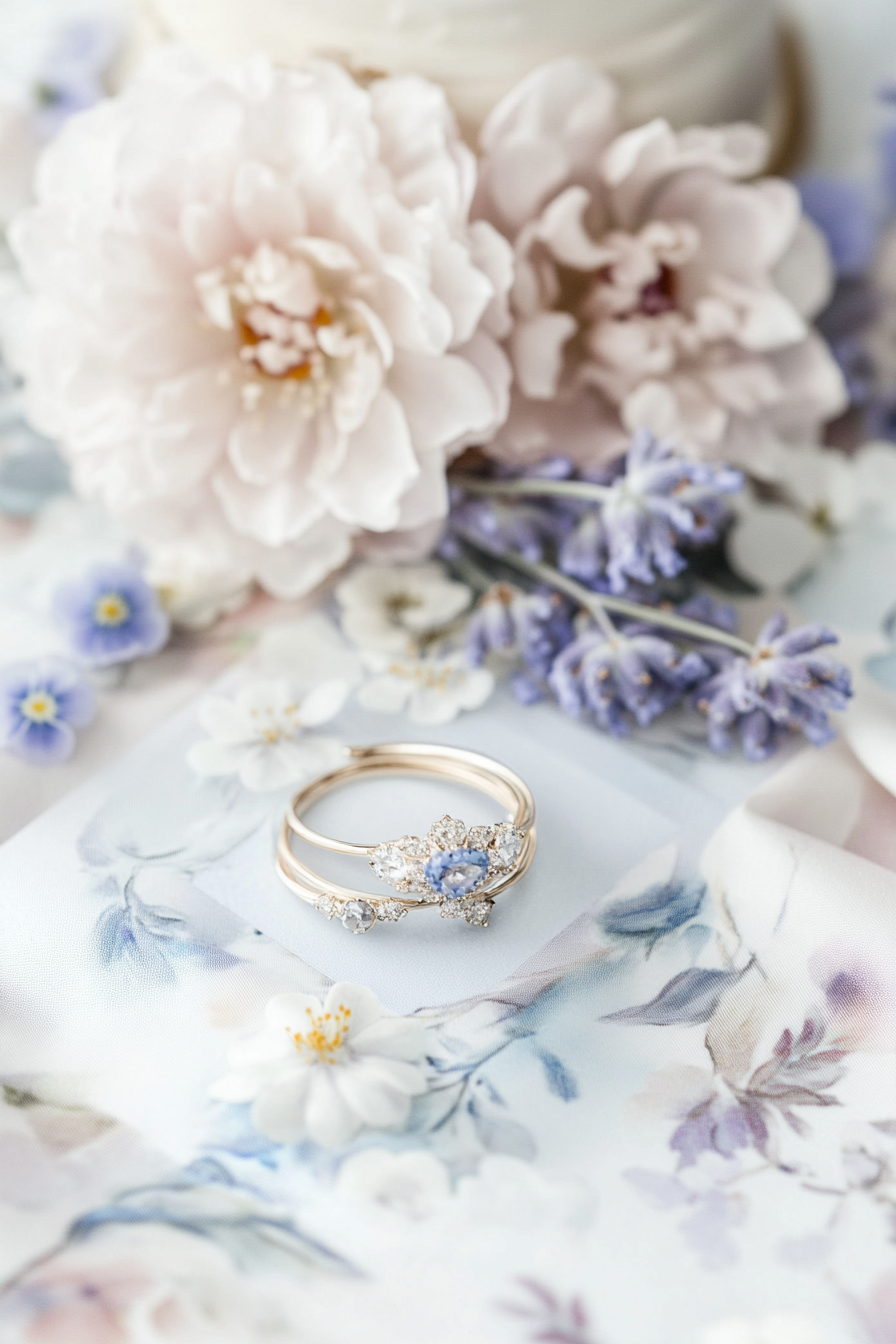 Wedding cake and stationery. Pastel floral icing with ethereal lavender and baby blue invitations.