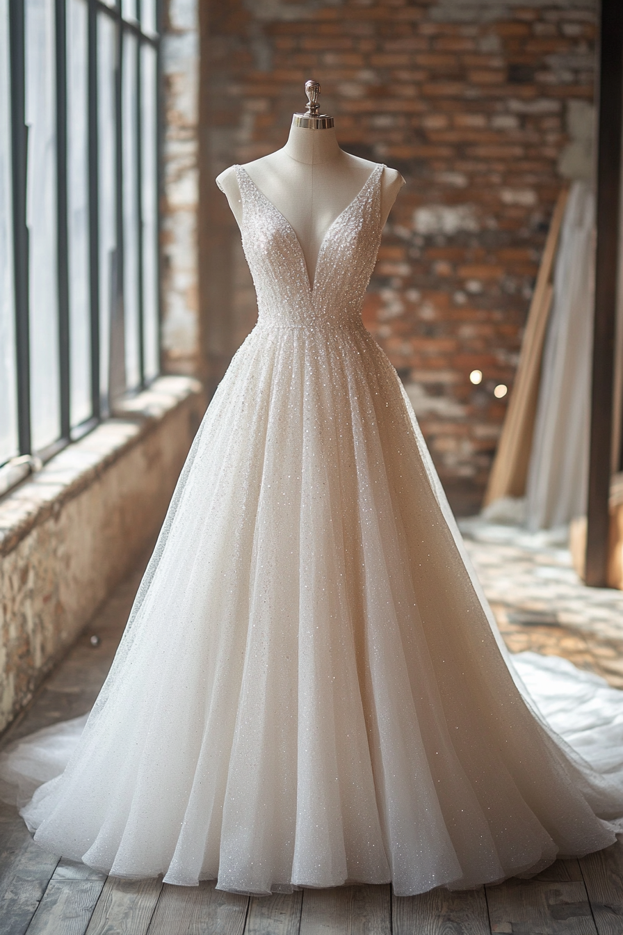 Wedding ballgown. A-line, glittering tulle gown with space for draped crystals.