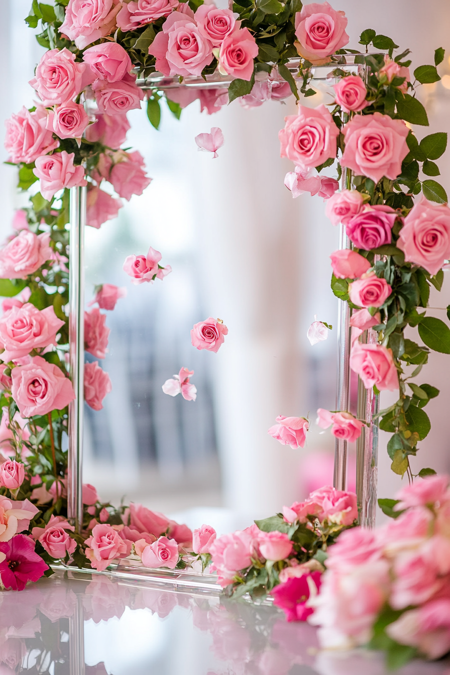 Wedding welcome mirror in acrylic, rimmed with floating pink roses.