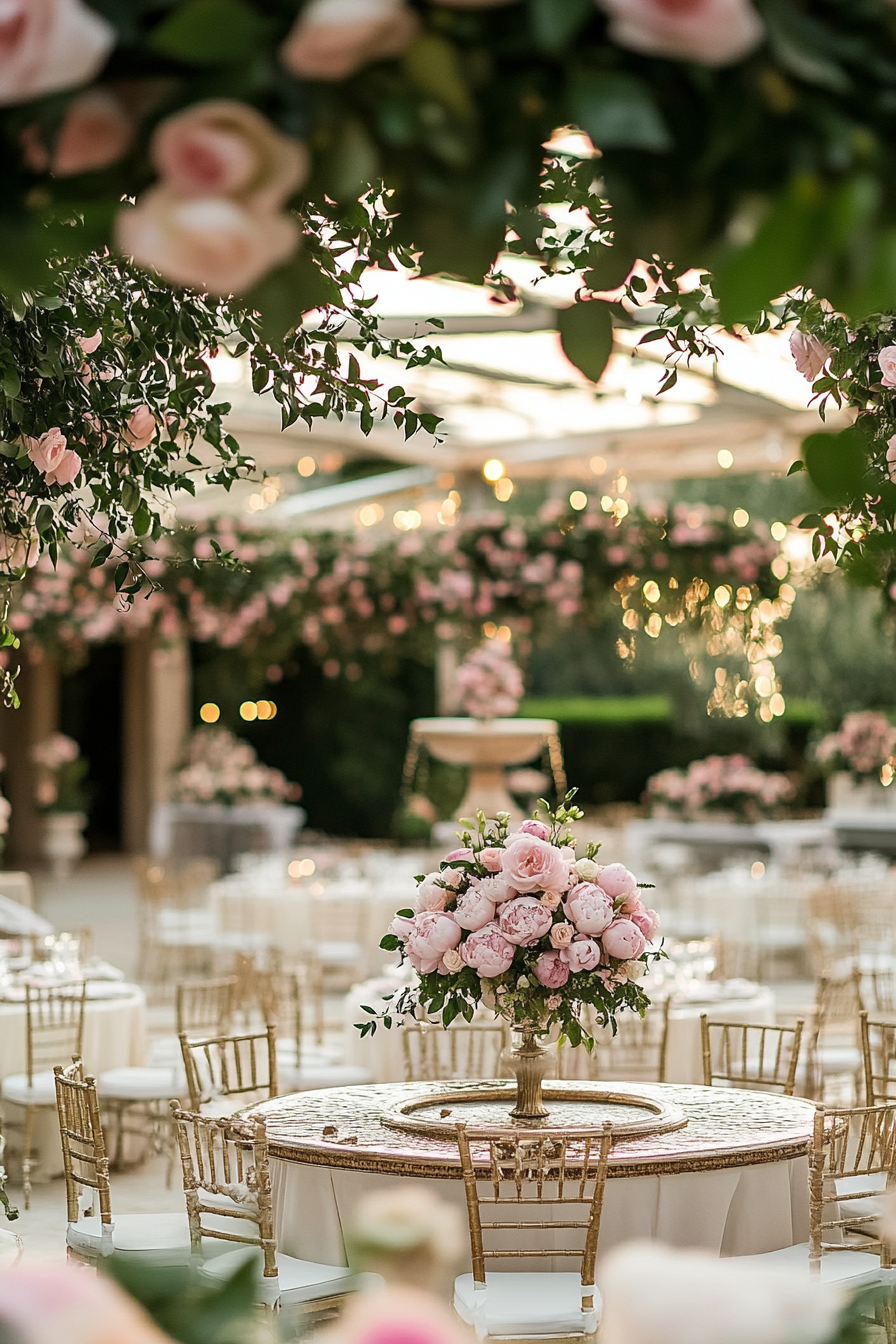 Wedding reception layout. Marquee pergolas intertwined with magnolias, overlooking rose-rimmed fountain.