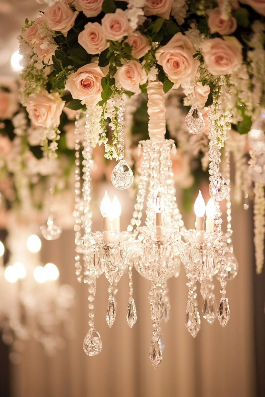 Wedding reception detail. Chandelier draped with crystal garlands and suspended roses.