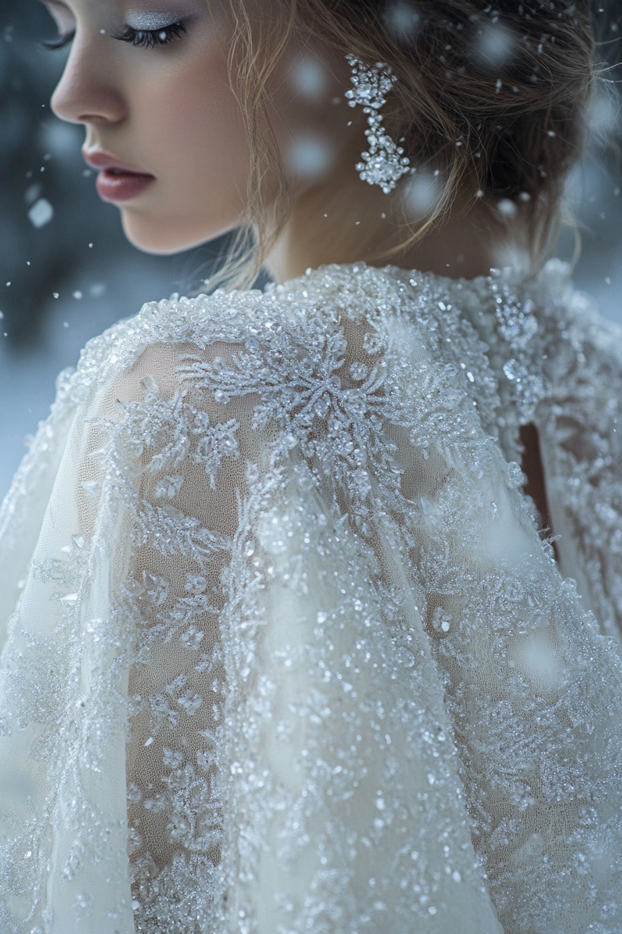 Wedding Cape. Shimmering white, pearled, with ice crystal details.