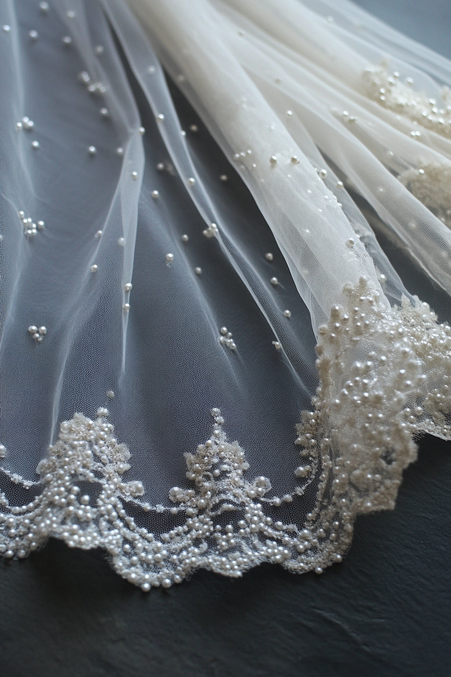 Cathedral length wedding veil. Plentiful pearl-dotted lace edges.