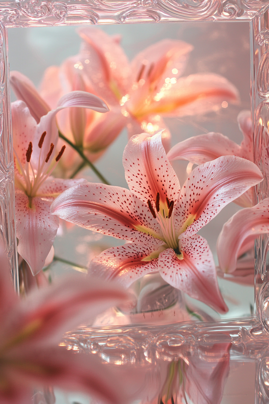 Wedding welcome mirror. Acrylic, etched names, pink lily float frame.