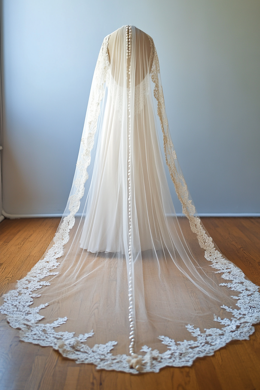 Cathedral length wedding veil. Blush pearl-dotted lace edges.