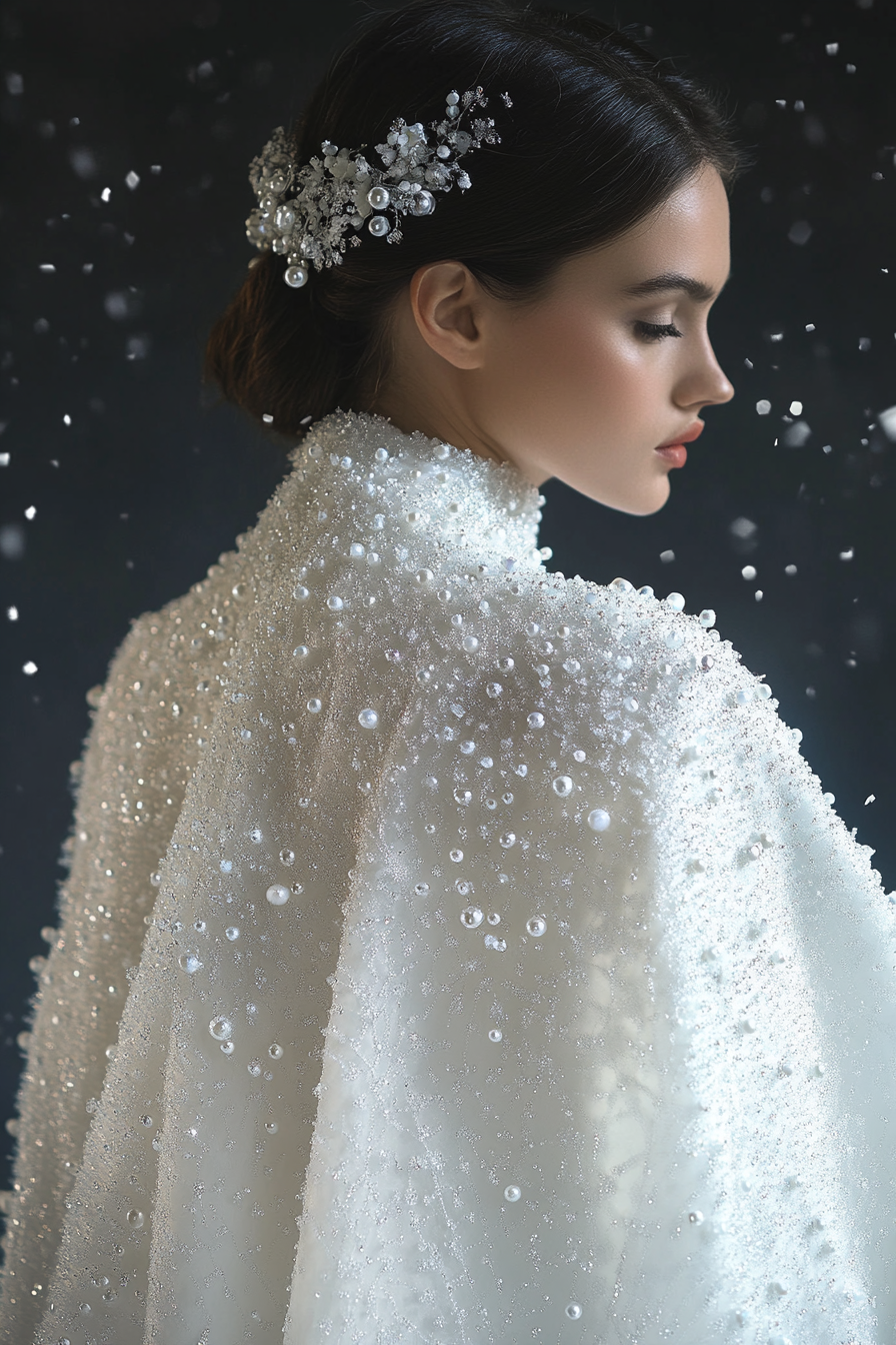 Wedding cape. Shimmering white, pearl-encrusted ice crystal details.