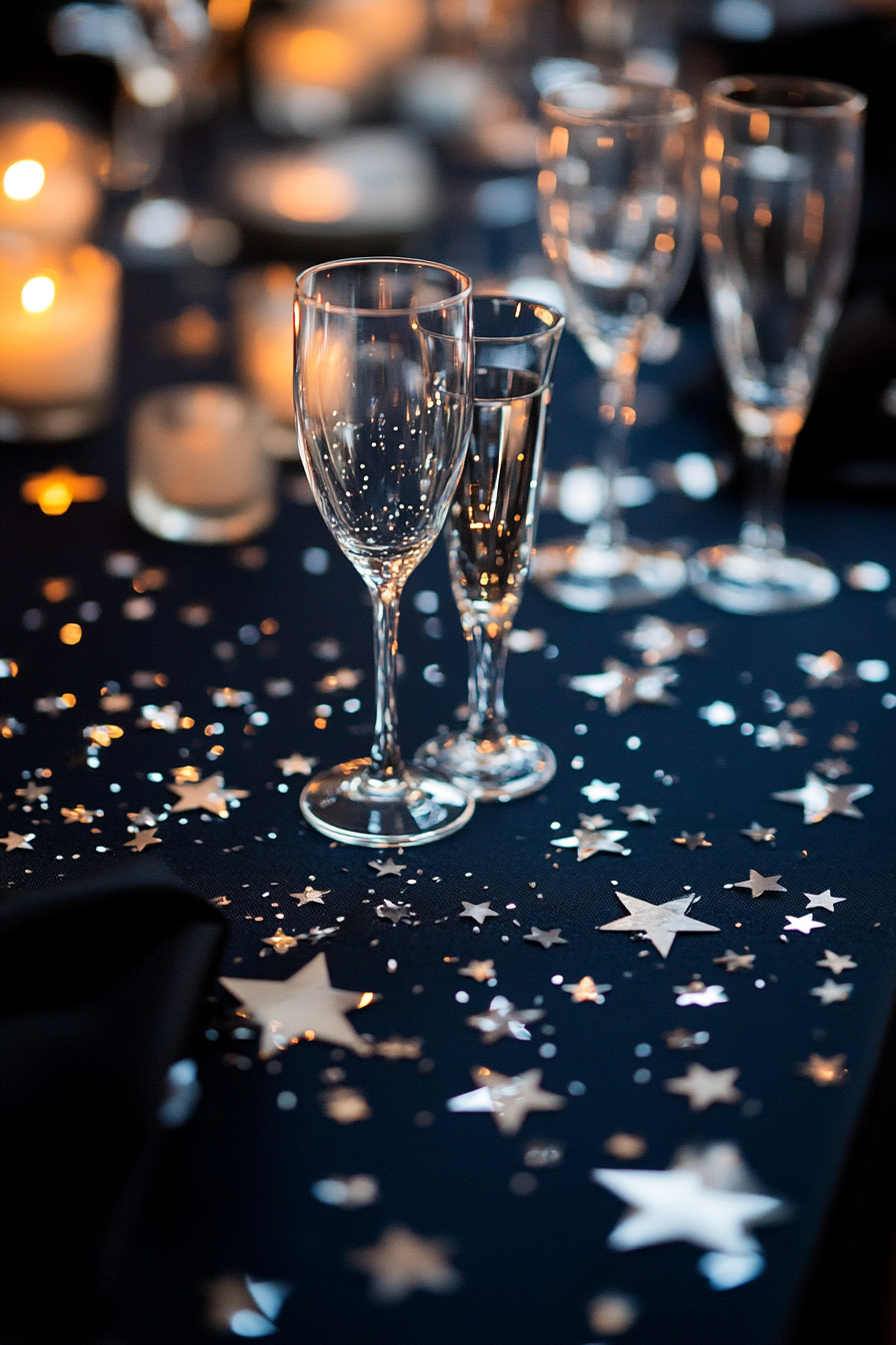 Wedding table. Midnight blue cloth with silver star confetti.