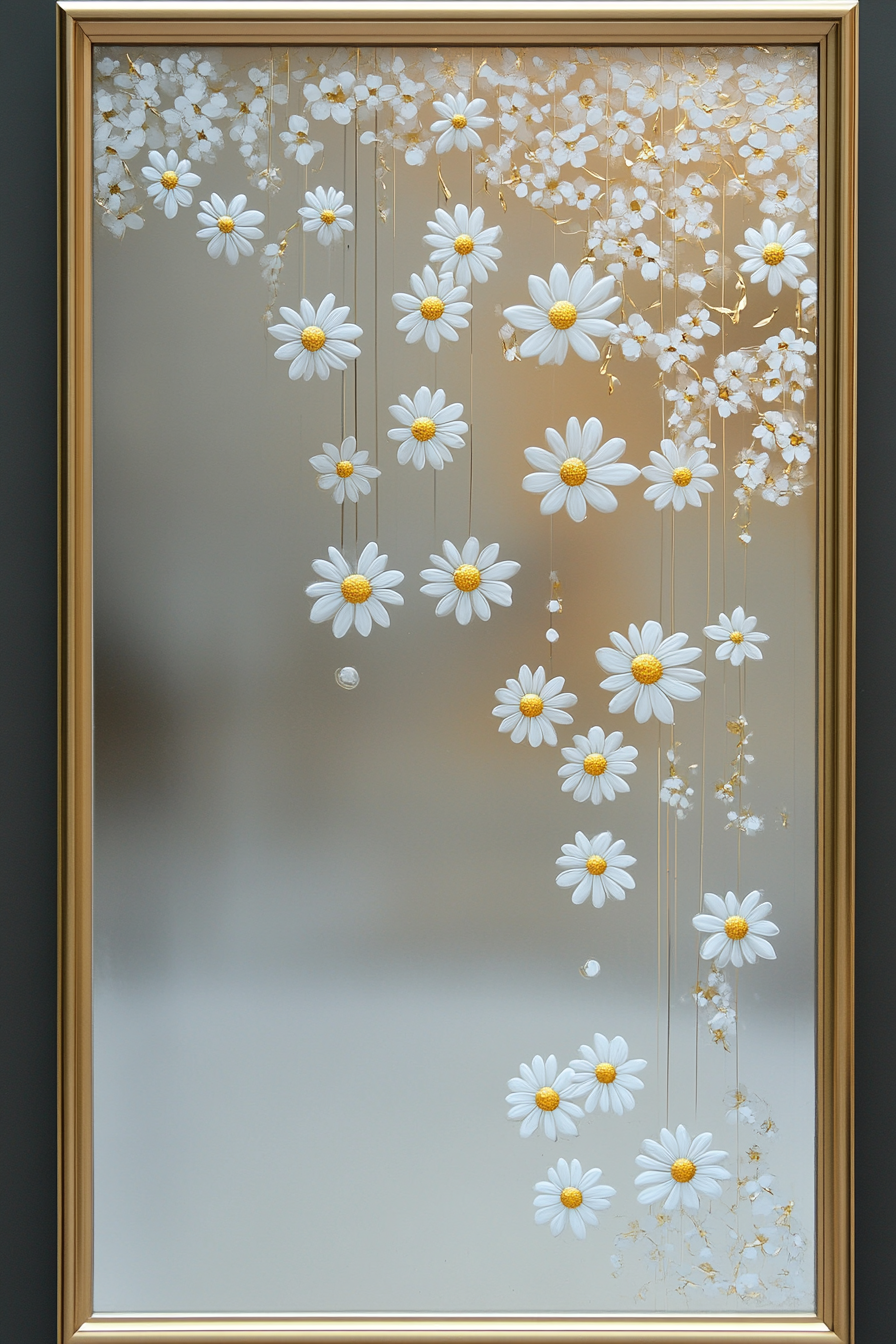 Wedding welcome mirror. Acrylic with floating daisies in a gold frame.