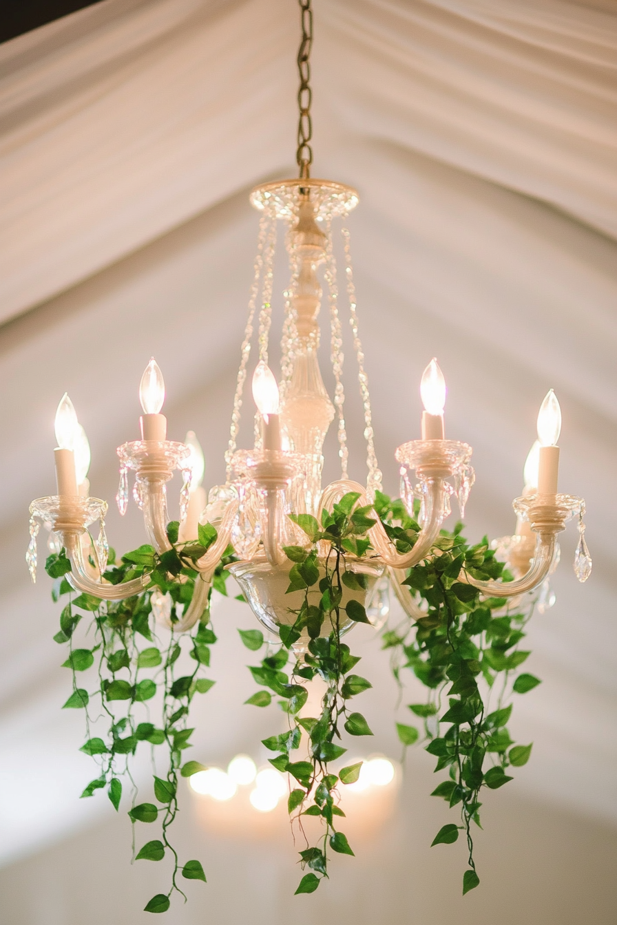 Wedding reception decor. Crystal chandelier adorned with ivy.