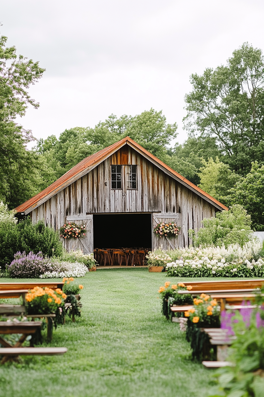 Small Wedding Venue Concept. Rustic barn enveloped lush green countryside.