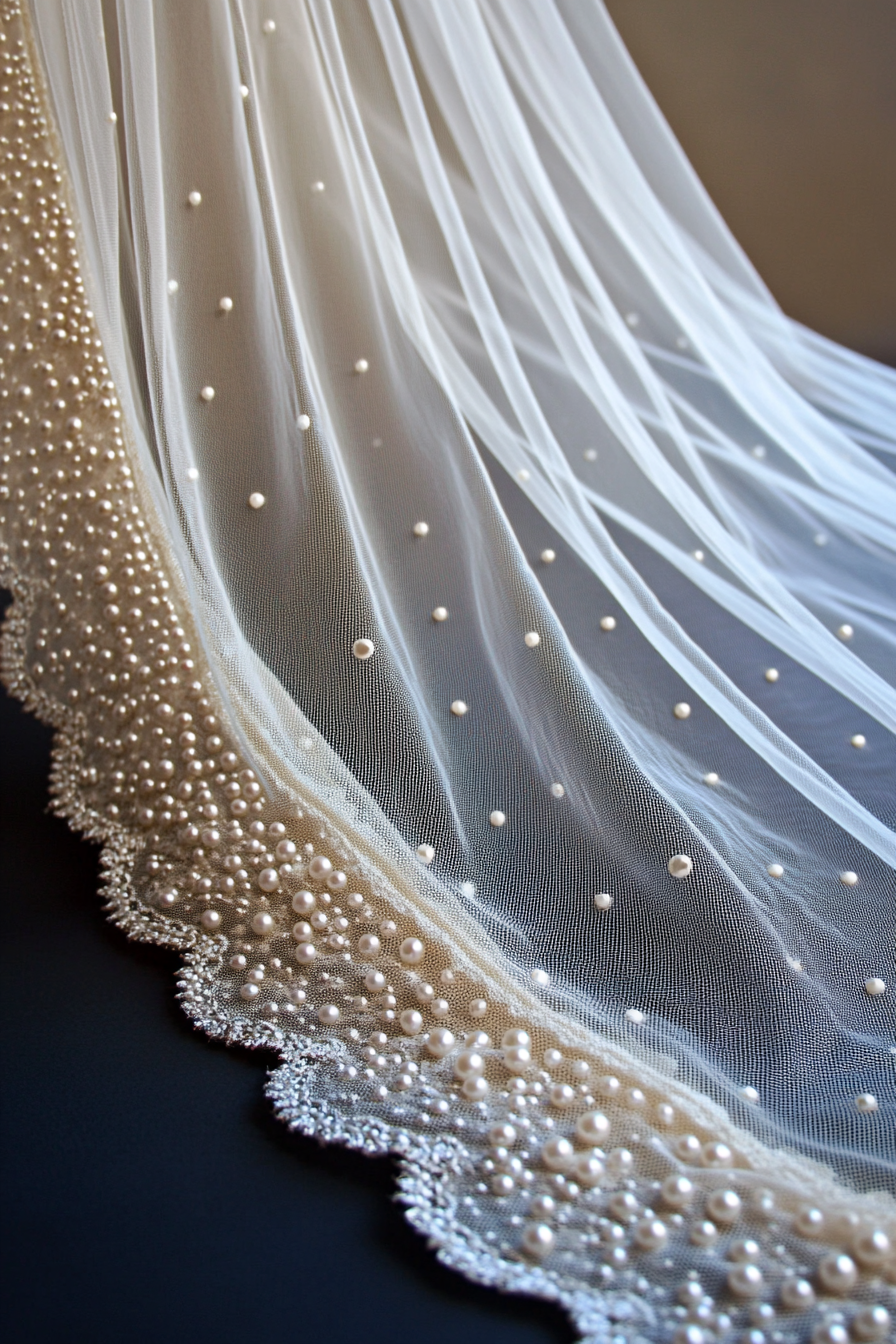 Cathedral length wedding veil. Ivory pearl-dotted lace edges.