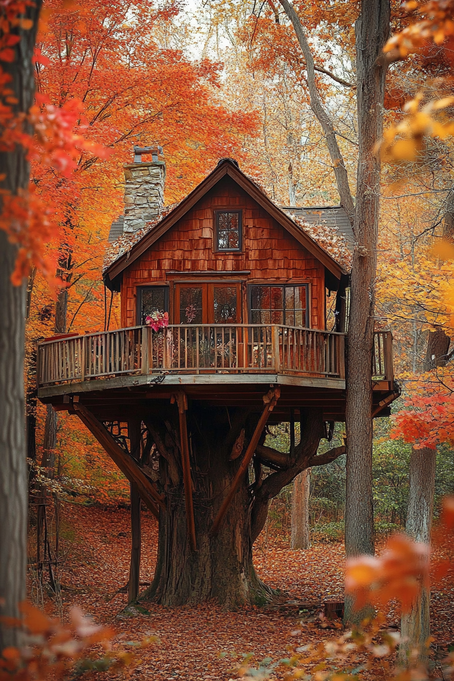 Small wedding venue concept. Cozy treehouse surrounded by vivid autumn foliage.