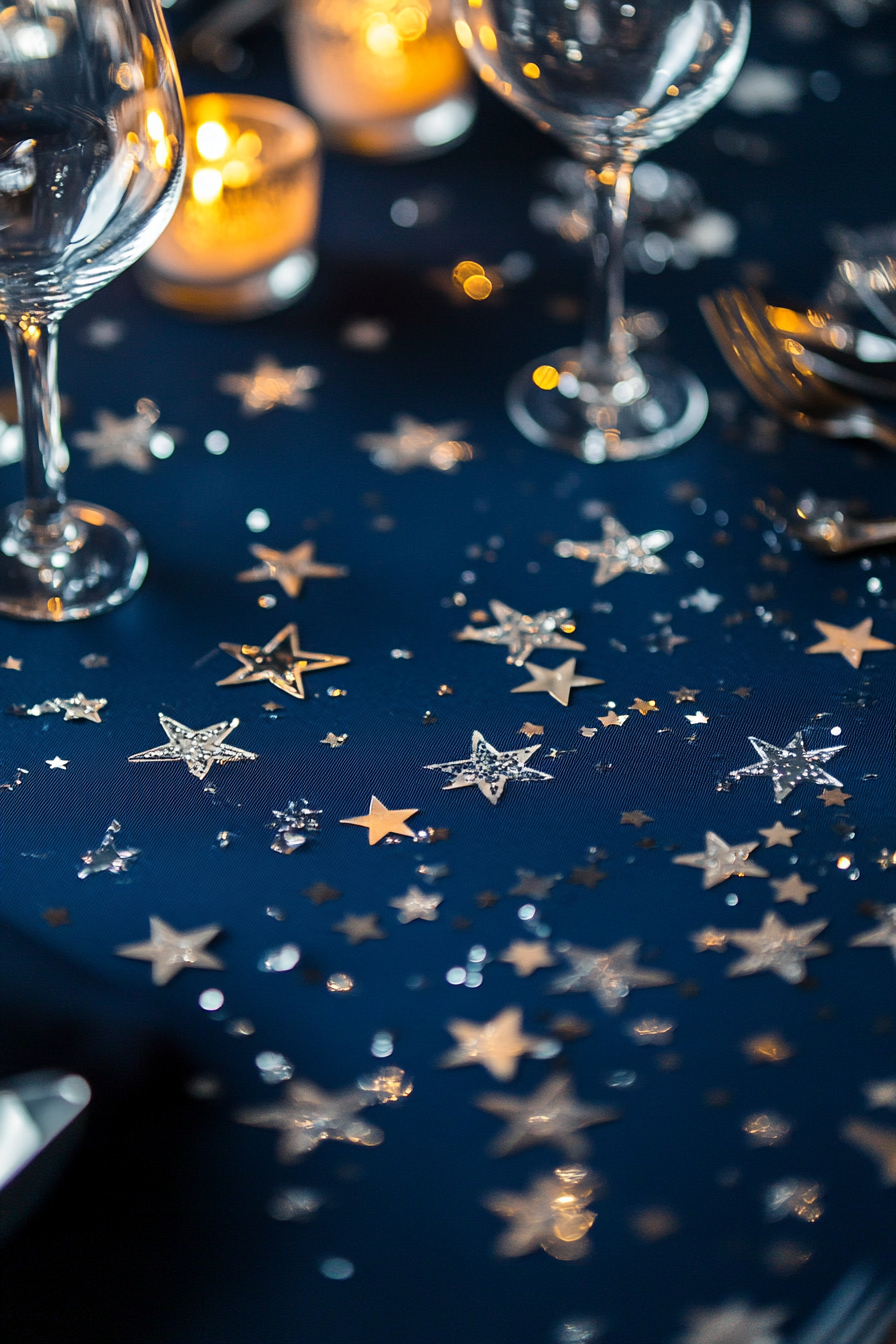 Wedding table. Midnight blue tablecloth with silver star-shaped confetti.