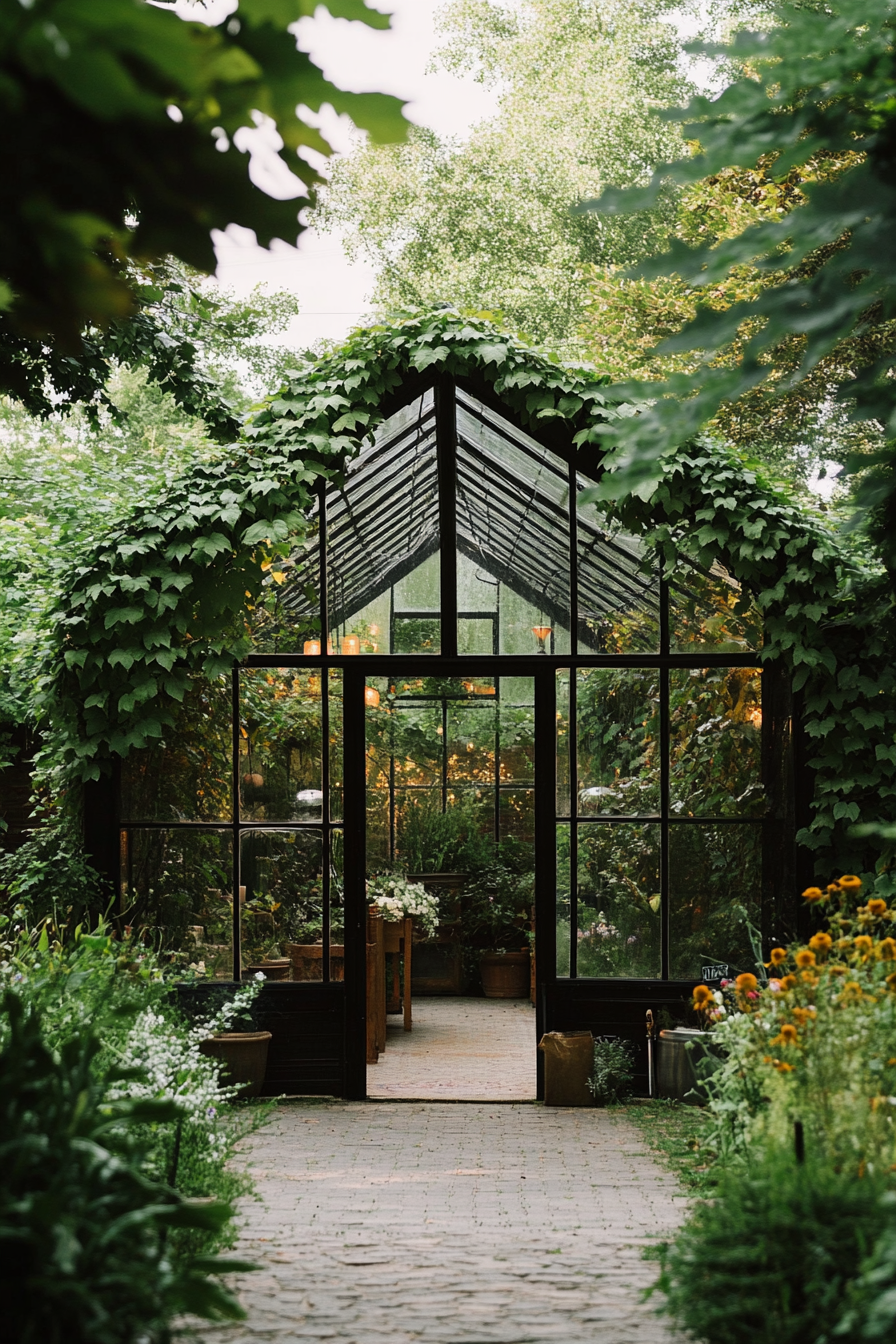 Small wedding venue. Glass greenhouse covered in twining ivy.