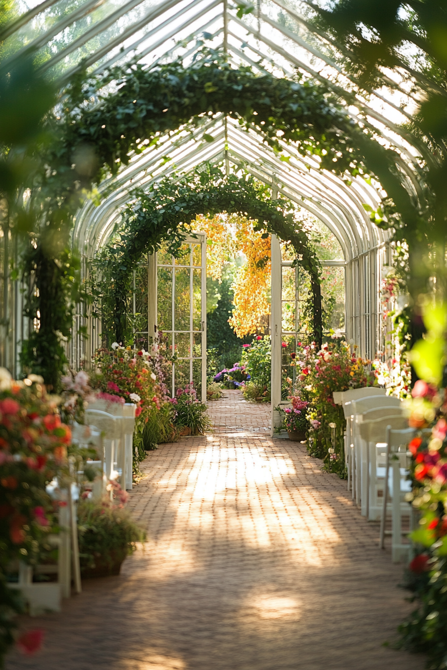 Small wedding venue concept. Garden greenhouse with ivy-wrapped archways.