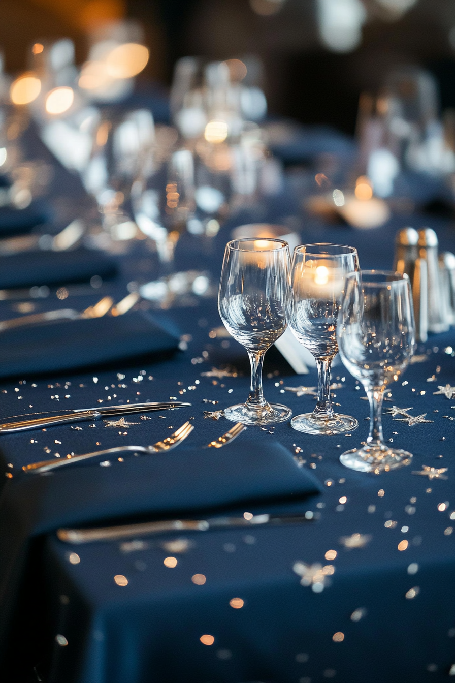 Wedding table. Midnight blue tablecloth with silver star confetti.