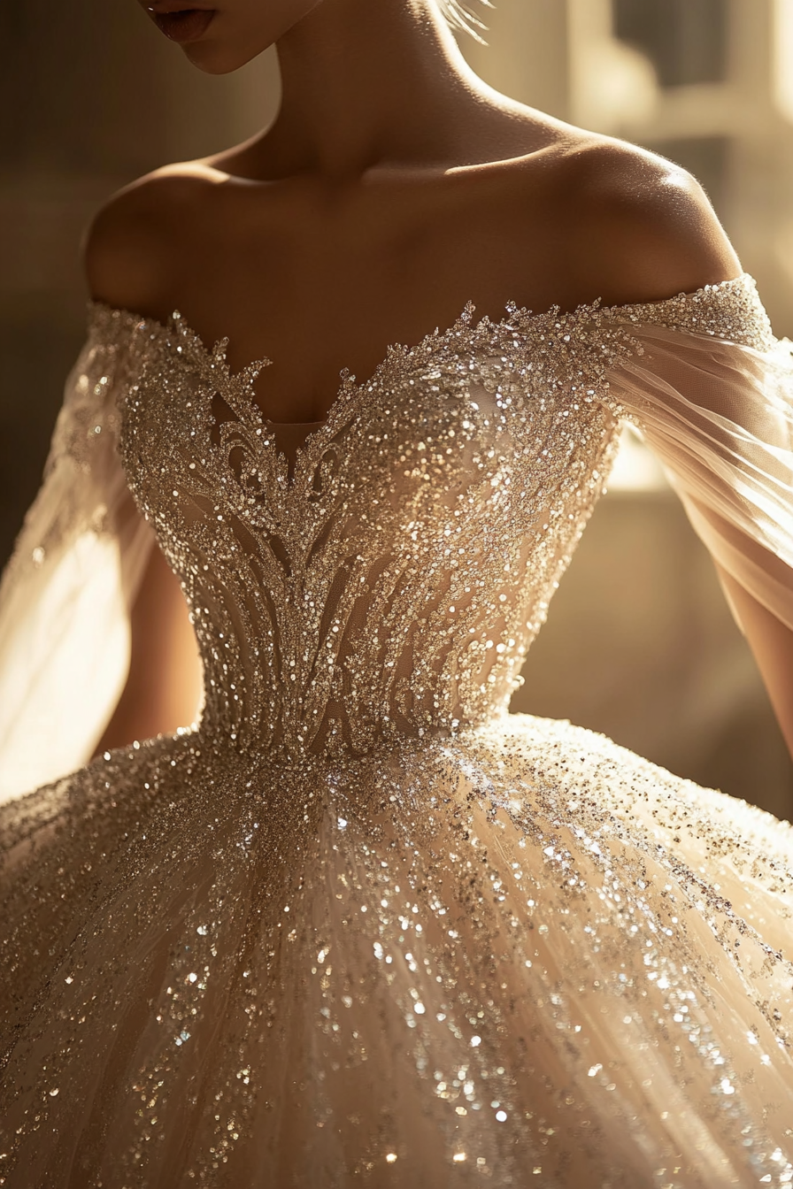 Wedding ballgown. Glittering tulle with draped spaces covered in intricate crystal design.