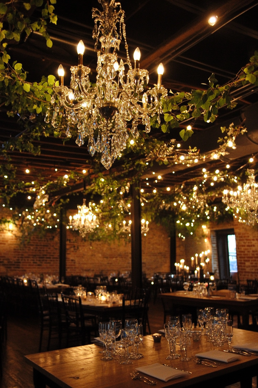 Wedding reception decor. Crystal chandeliers entwined with glimmering vine light canopies.