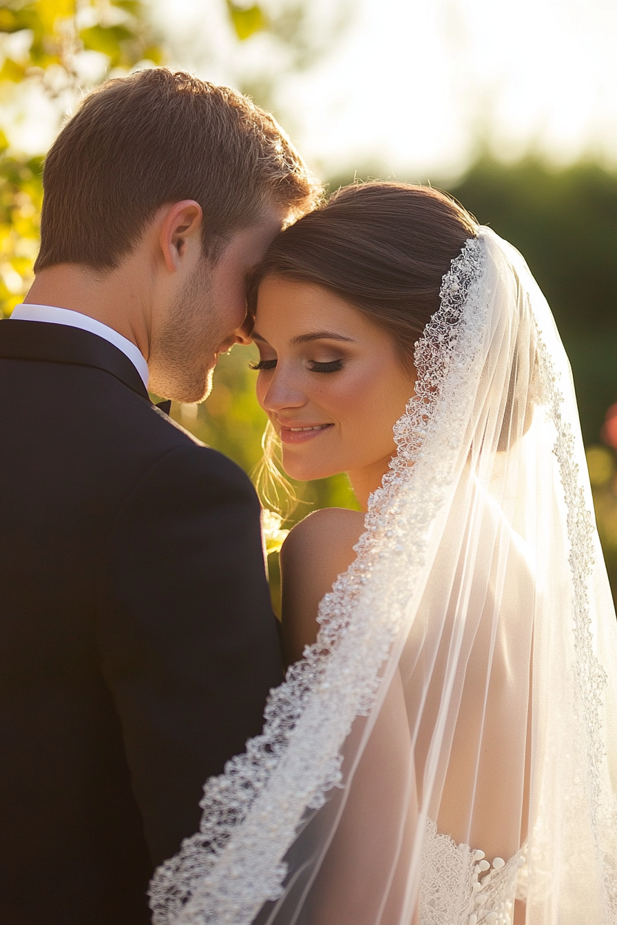 Cathedral-length wedding veil. Soft chiffon with sparsely applied pearl-dotted lace edges.