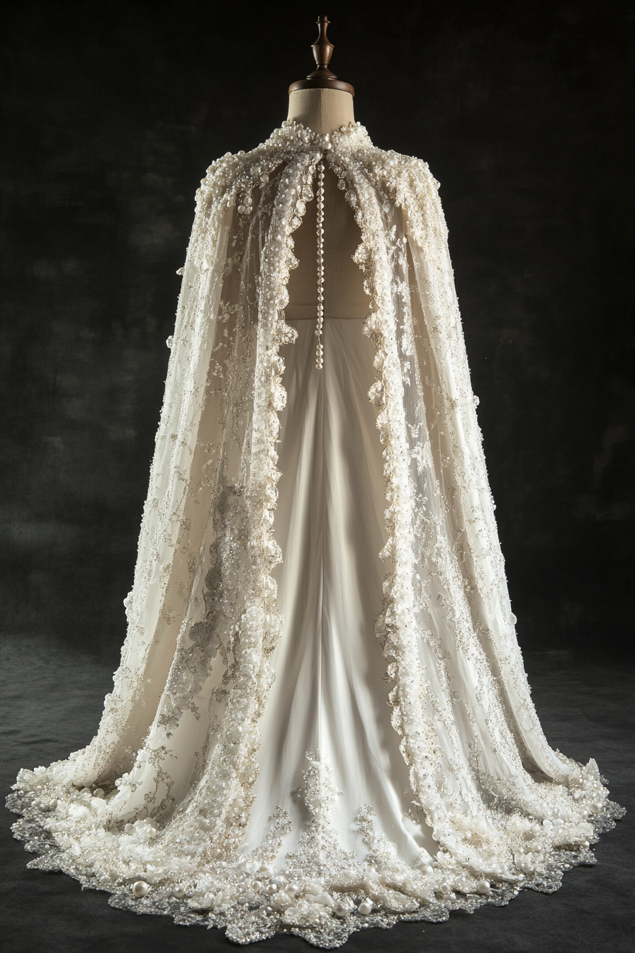 Wedding cape. Shimmering white with pearl-encrusted ice crystal borders.