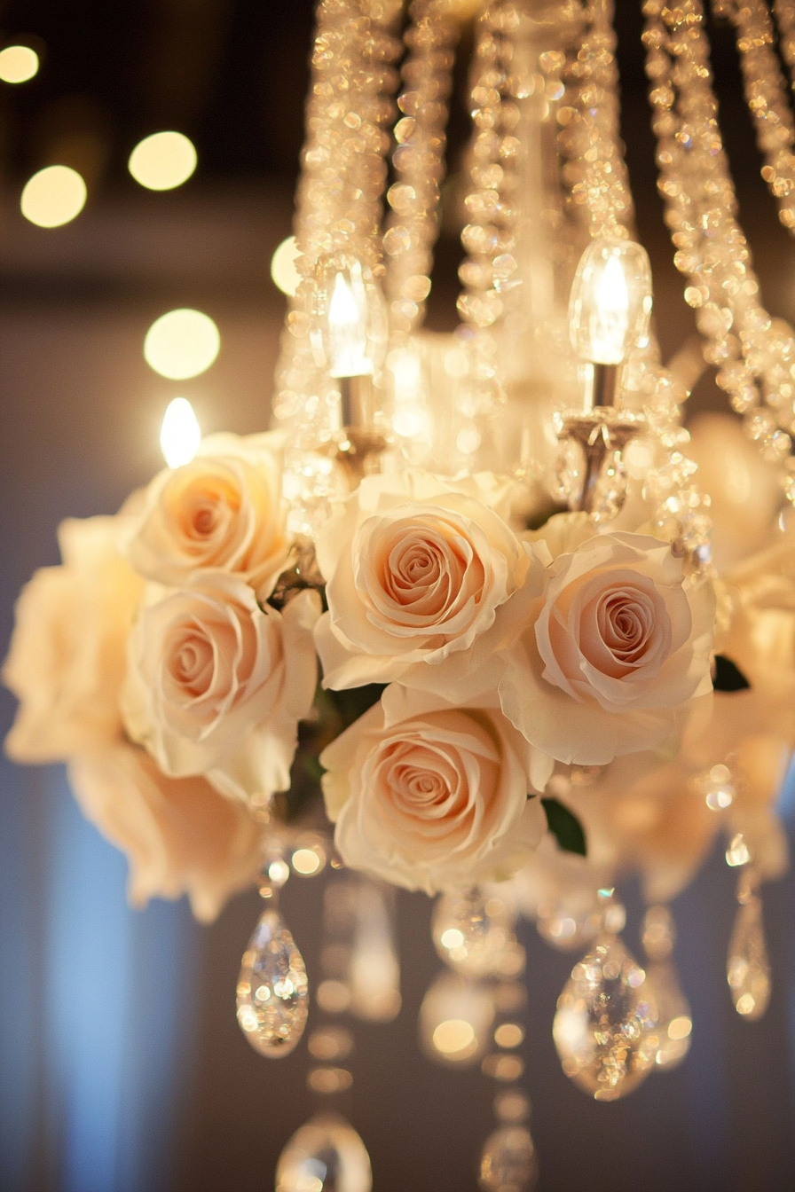 Wedding reception decor. Crystal chandelier adorned with organza roses and twinkle lights.