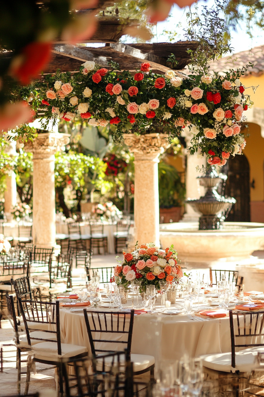 Wedding reception layout. Pergola adorned with roses near ornate fountain.