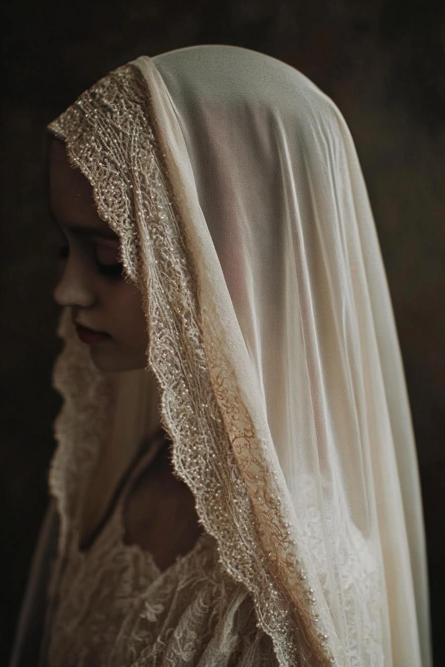 Cathedral-length wedding veil. Sepia-toned, pearl-dotted lace trims.