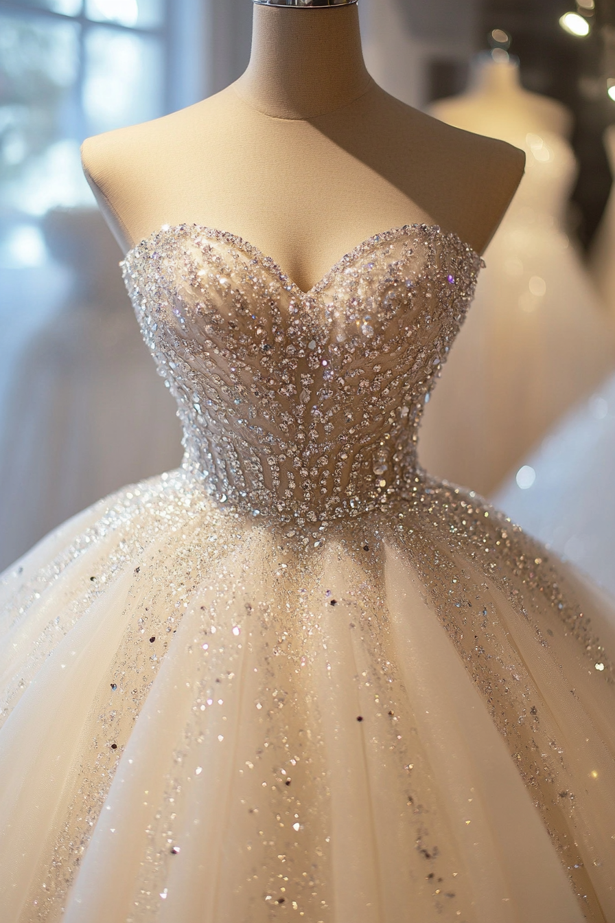 Wedding ballgown. Glittering tulle, sweetheart neckline, crystal-draped waistline.