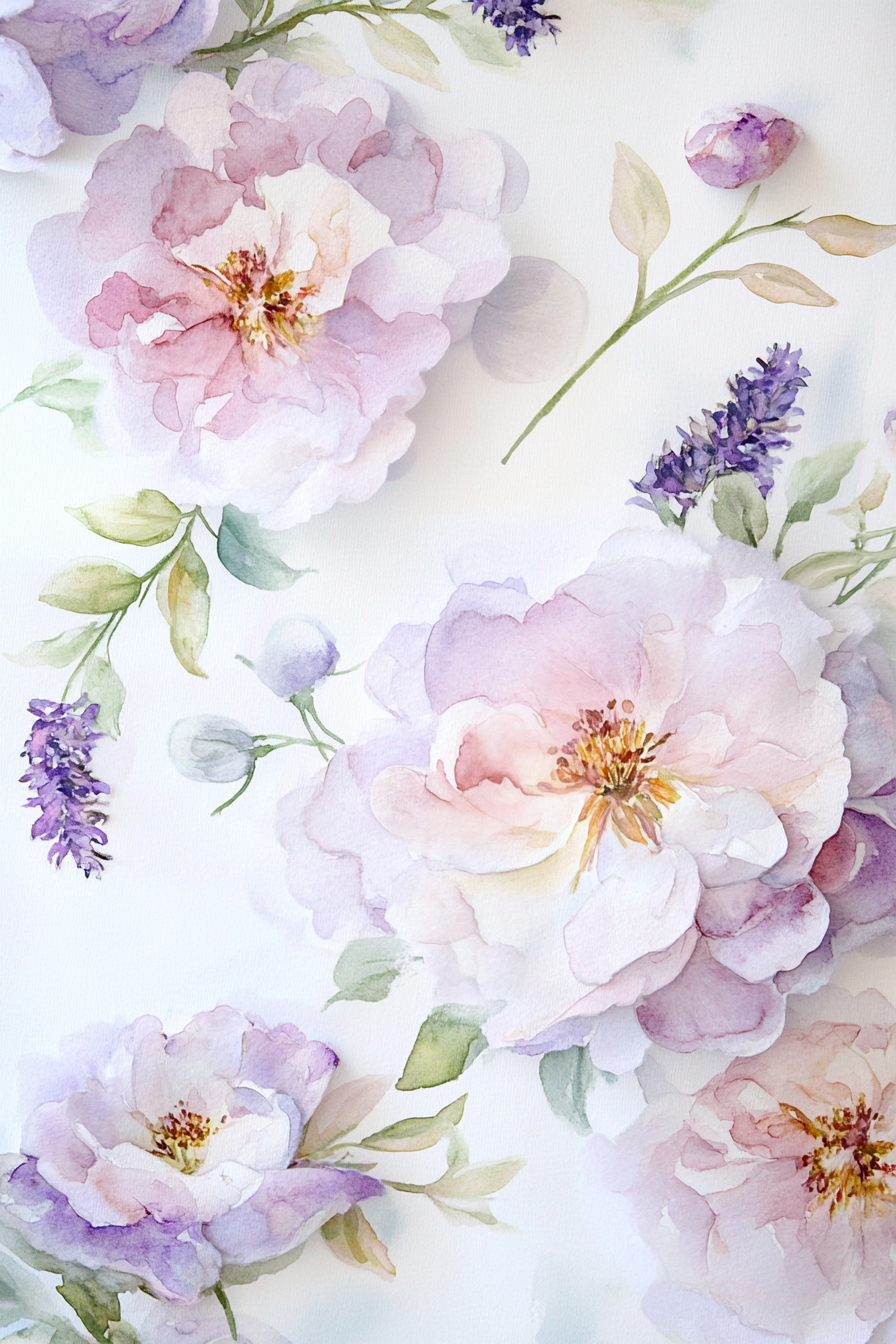 Wedding stationery. Pastel lavender fold with floral watercolor details.