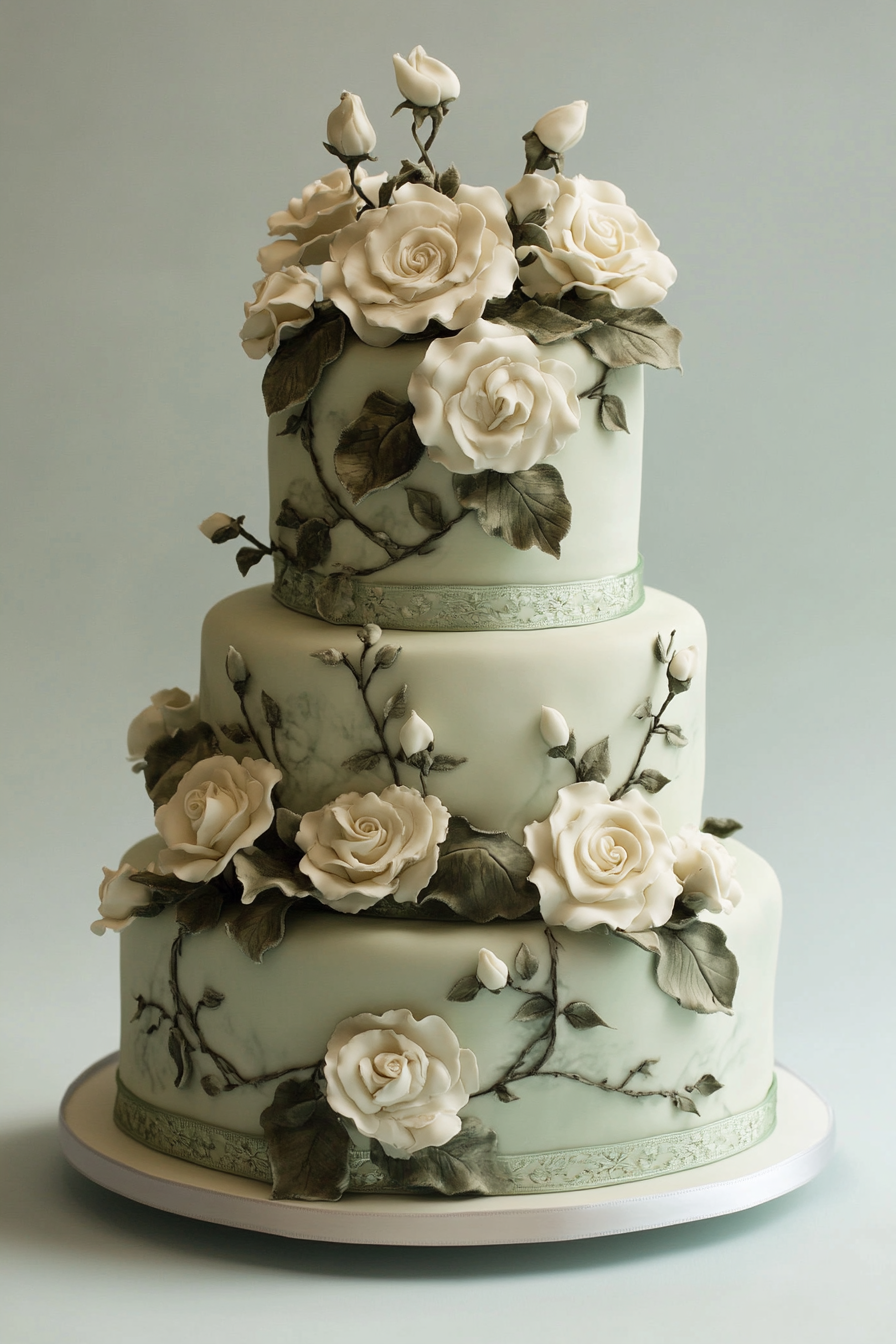 Wedding cake and stationery. Sage green fondant cake with matching ethereal rose illustrations.