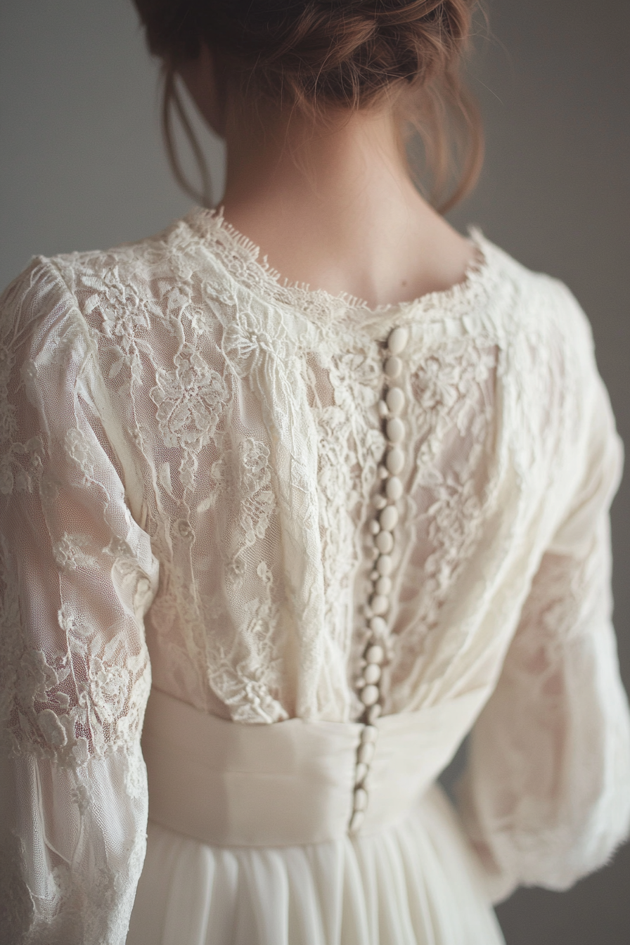 Bridal gown. Cotton lace overlay with prairie sleeves and vintage button back.