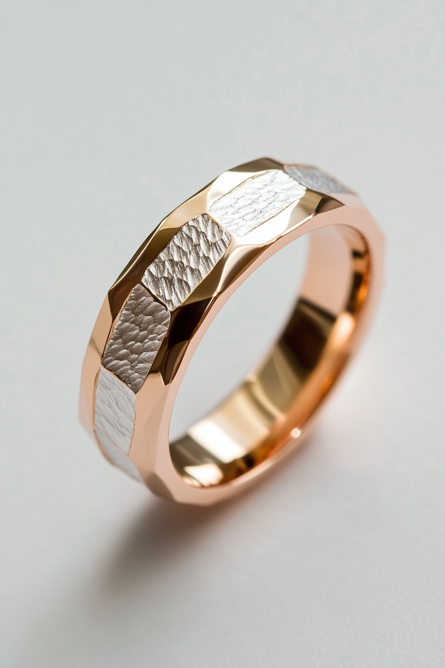 Wedding ring. Rose and white gold layers, smooth inner surface, hinted hexagonal engraving.