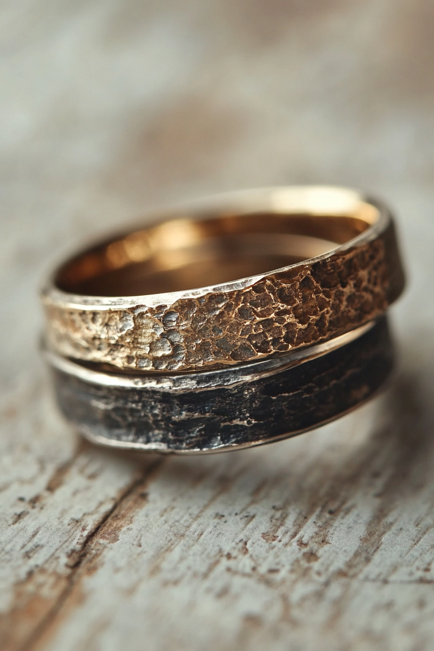 Wedding ring. Mixed metal layers with comfort-fit interior and geometric texture details.