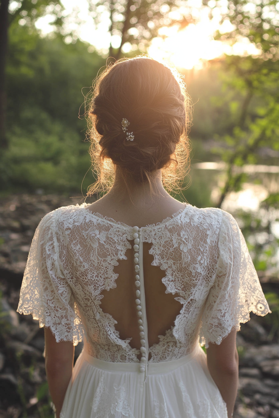 Bridal gown. Cotton lace overlay with prairie sleeves and vintage button back.