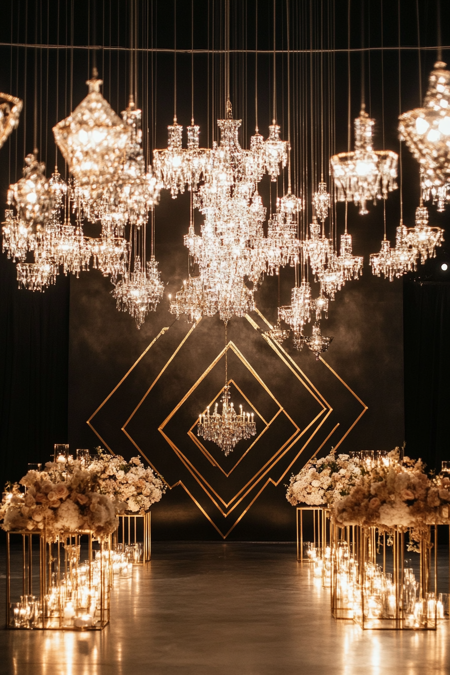 Wedding aesthetic. Gold geometric patterns with black marble details under crystal chandeliers.