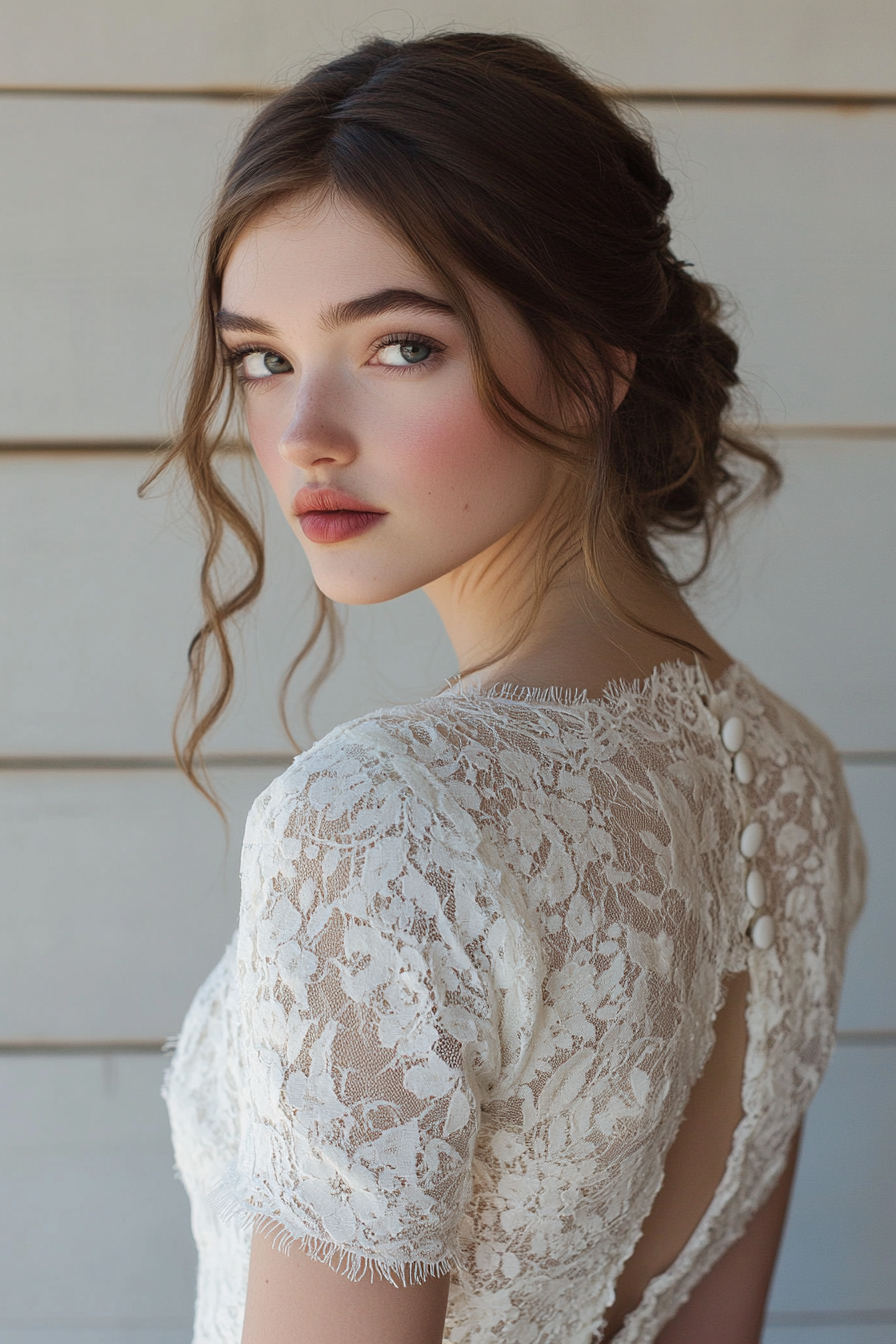 Bridal gown. Cotton lace overlay with prairie sleeves and vintage-inspired button back.