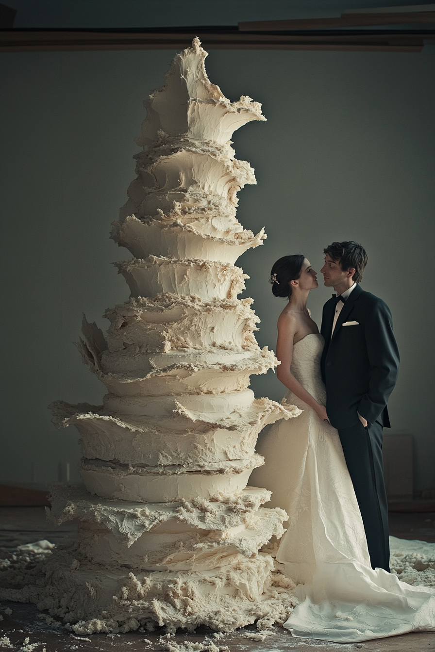 Wedding cake. Oversized, tiered, asymmetric-shaped, as tall as the couple.