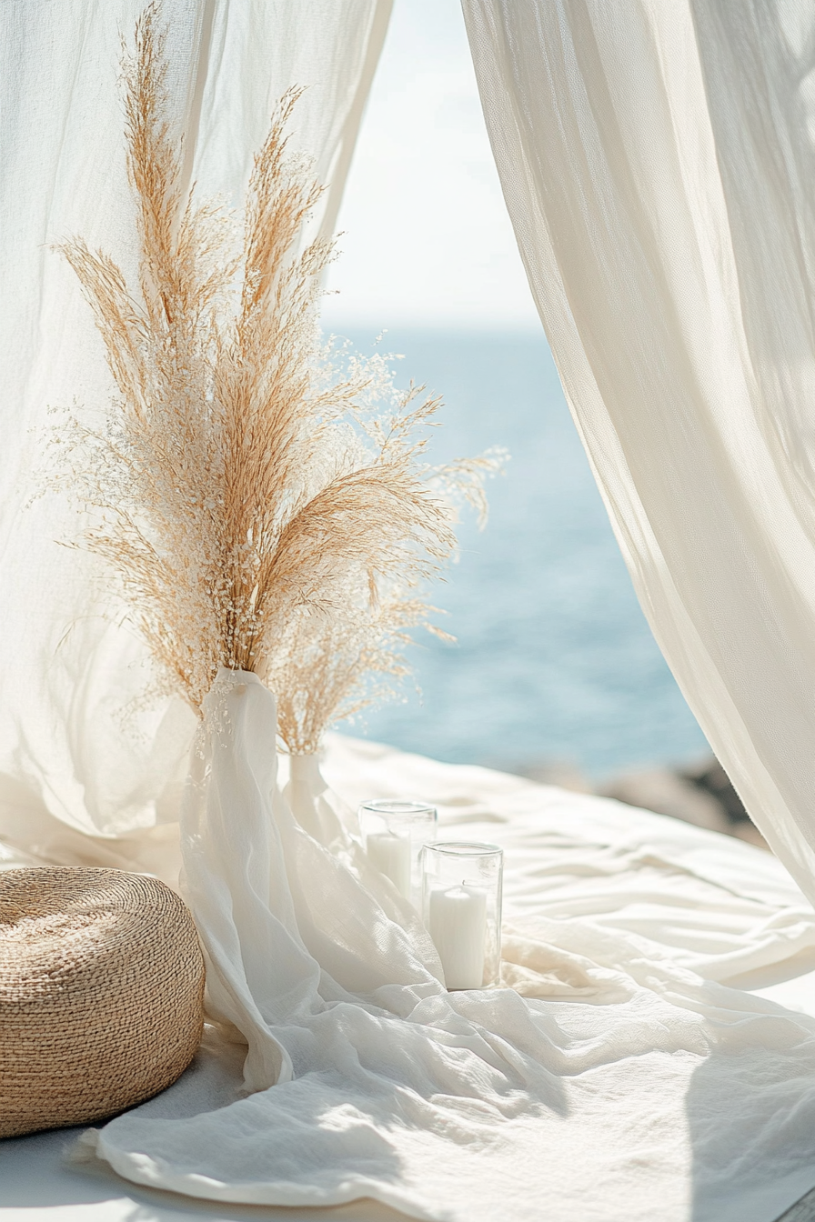 Wedding style. Pearl-white draping against ocean views with seagrass-textured accessories and soft shell tones.